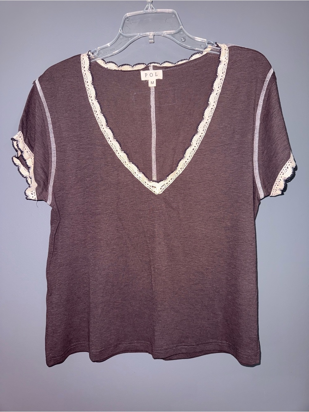 POL Women's V-Neck Short Sleeve Top with Cream Crochet Trim